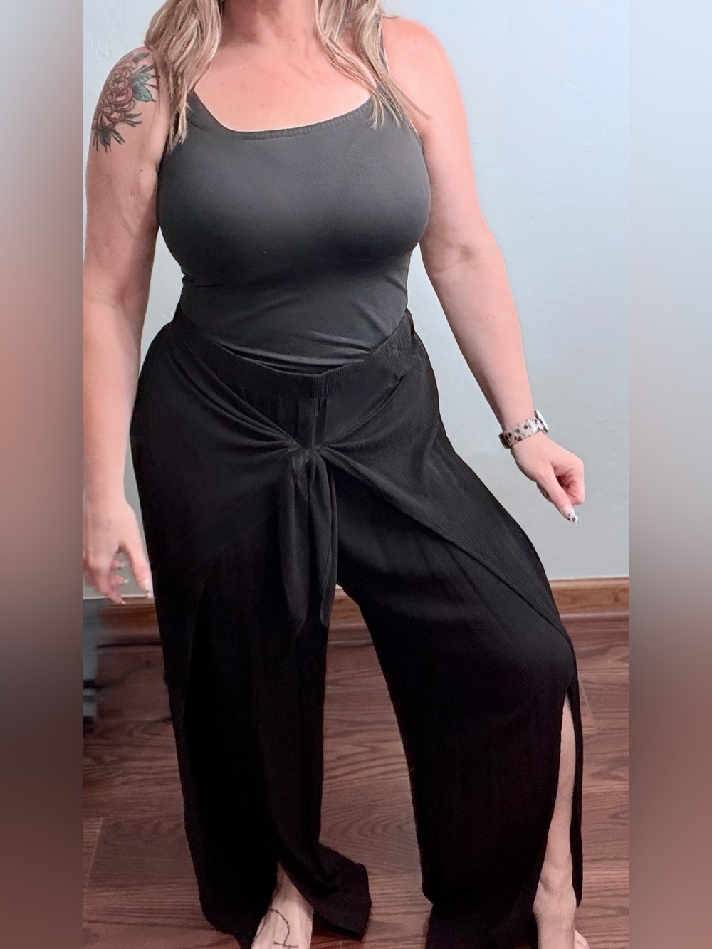 Kona Sol Black Wide Leg Wrap Pants L Open Slit Front Tie Waist